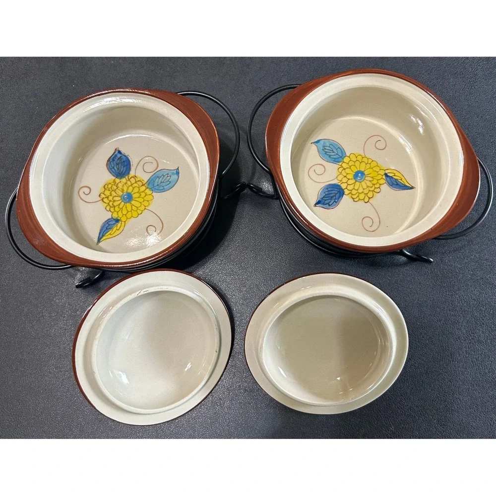 Temptations Mini Casserole Dishes SET/2 Striped Floral Lids & Wire Racks 9 oz‎